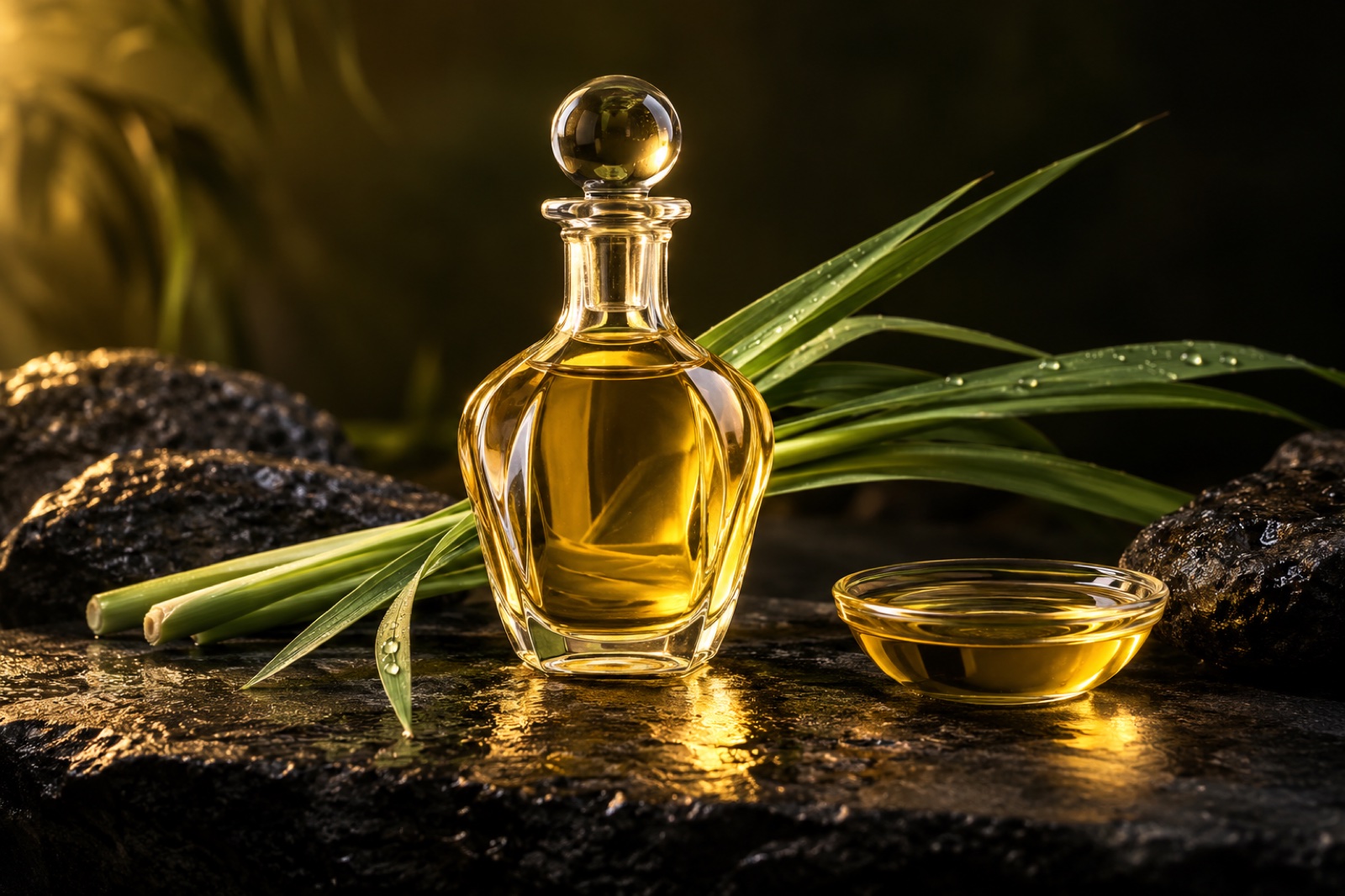 Illustrative studio photograph: Clear glass oil bottle and citronella leaves in warm studio light