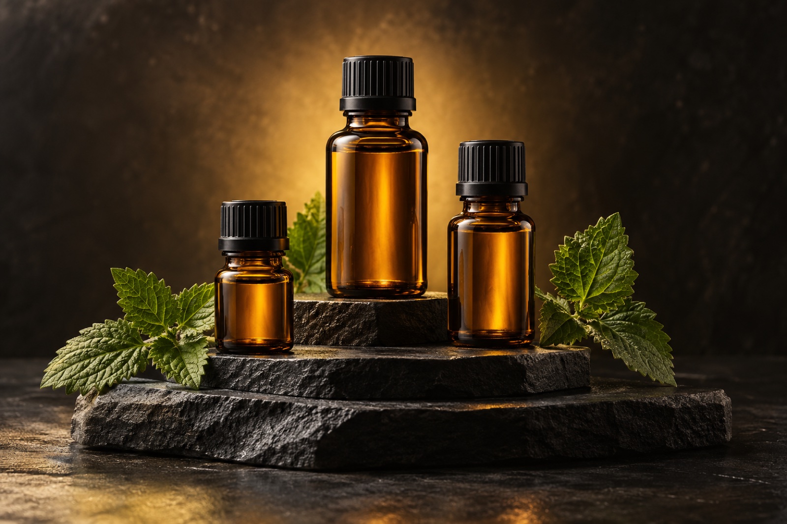 Illustrative studio photograph: Amber sample bottles with patchouli leaves on black stone