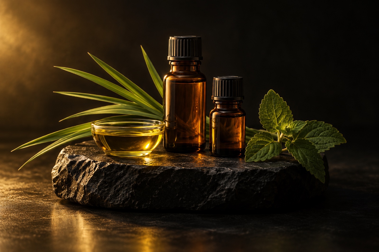 Illustrative studio photograph: Amber essential oil bottles with golden oil and botanical leaves